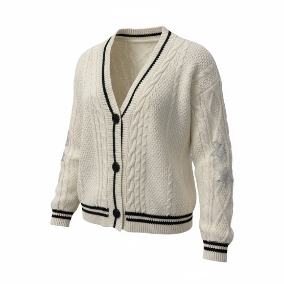 The Unbranded Brand Sweaters - Cream/Black Fisherman Chunky Oversized Cable Knit Star Cardigan Sweater Women XS